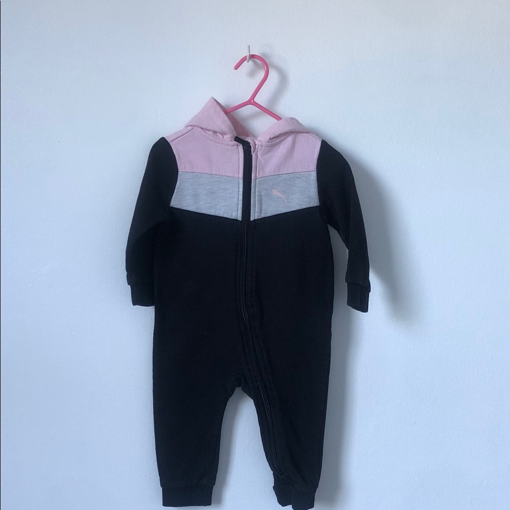 Puma Pink, Gray & Black Zip-Front Hooded One-Piece